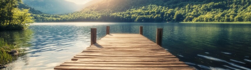Obraz premium Rustic Dock by Tranquil Lake, a serene wooden structure extending into calm waters, gentle ripples reflecting surrounding mountains, evoking peace and natural beauty.