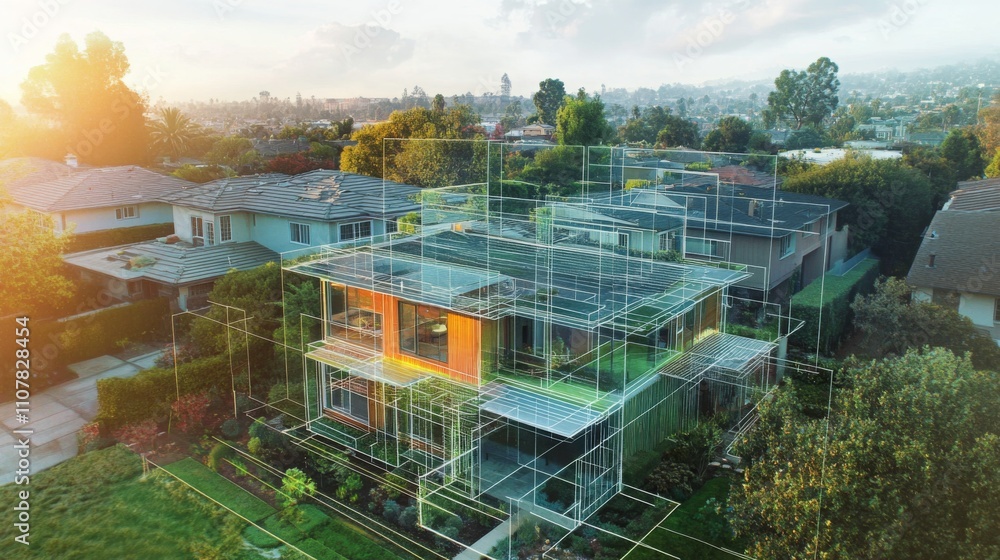 Aufkleber an advanced ai visualization of a modern house showcases its architectural design within a residenti