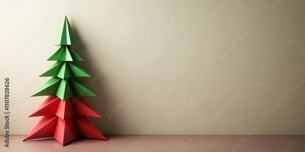 Poster a minimalistic christmas tree made from folded paper, featuring a green top and a red base, stands o