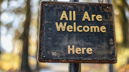 Rustic Wooden Sign All Are Welcome Here Inclusivity Outdoor Nature