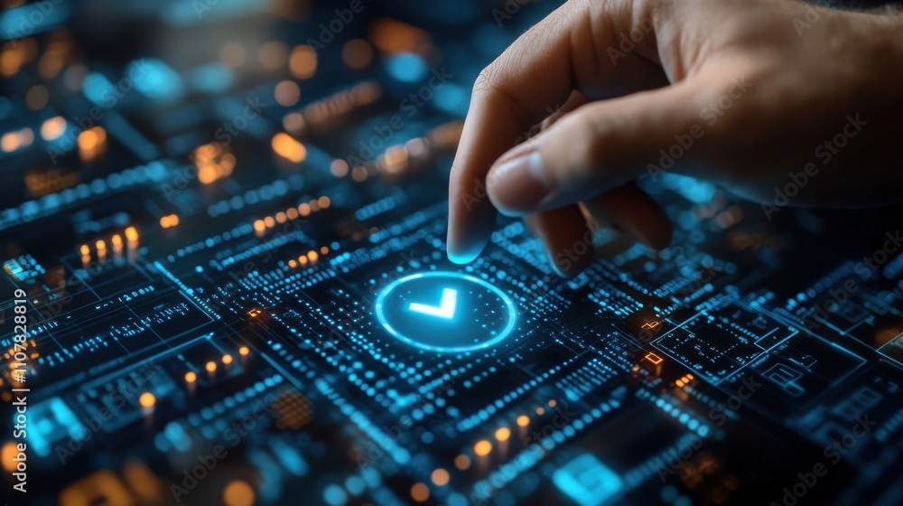 Poster businessman hand touching to select check mark on virtual security icon monitor for cyber security a
