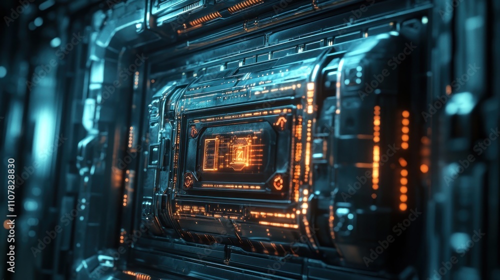 Poster closeup of a futuristic computer processor with glowing orange lights.