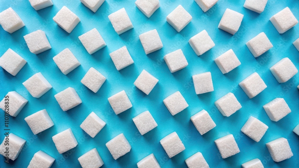 Poster A geometric arrangement of refined sugar cubes on a vibrant blue background, creating a captivating visual pattern.