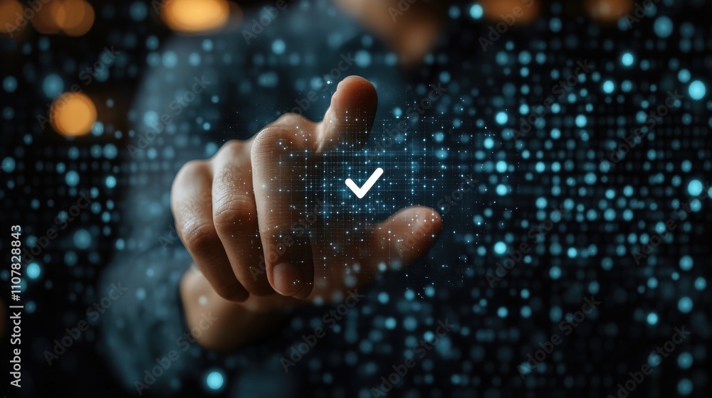 Poster businessman hand touching to select check mark on virtual security icon monitor for cyber security a