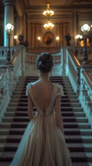 Fototapeta premium A woman in a white gown stands on a grand staircase in an ornate building, looking up.