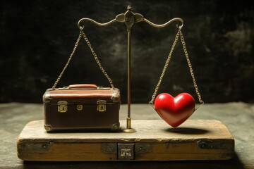 Balancing act of a luggage scale and emotions to illustrate harmony between professional responsibilities and personal life