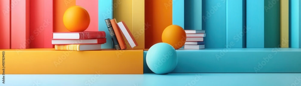 Poster a vibrant display of books and geometric shapes against colorful backgrounds, creating a modern and 