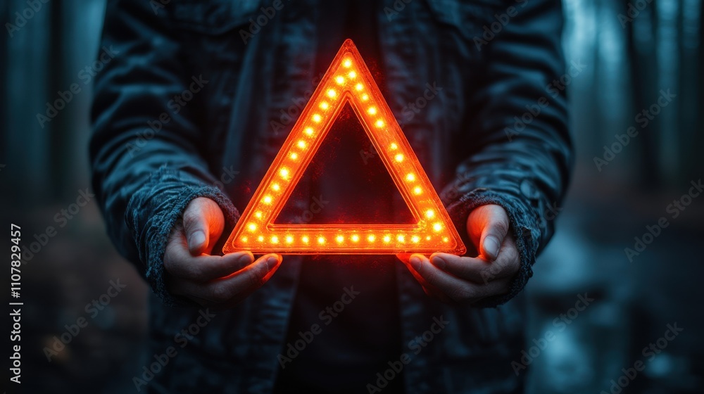 Poster businessman holding glowing red triangle caution warning exclamation sign for notification error and