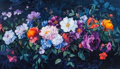 Fototapeta premium Colorful Floral Arrangement Featuring Various Blooms on a Dark Background, Showcasing Natural Beauty and Vibrant Hues in a Contemporary Style
