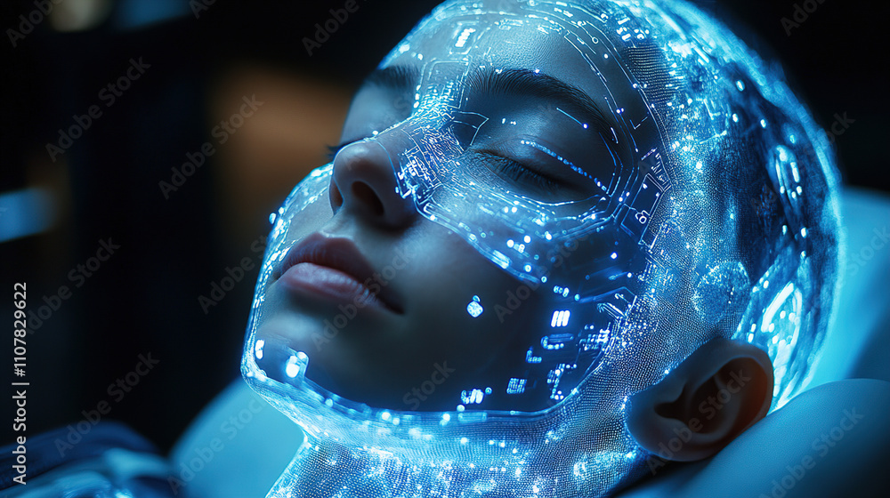 Poster futuristic technology enables a human-like figure with a glowing digital overlay resting in a high-t
