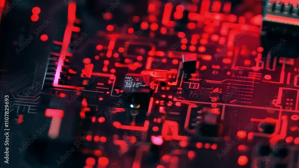 Poster this clip showcases a close-up look at a circuit board illuminated by red lights. the intricate patt