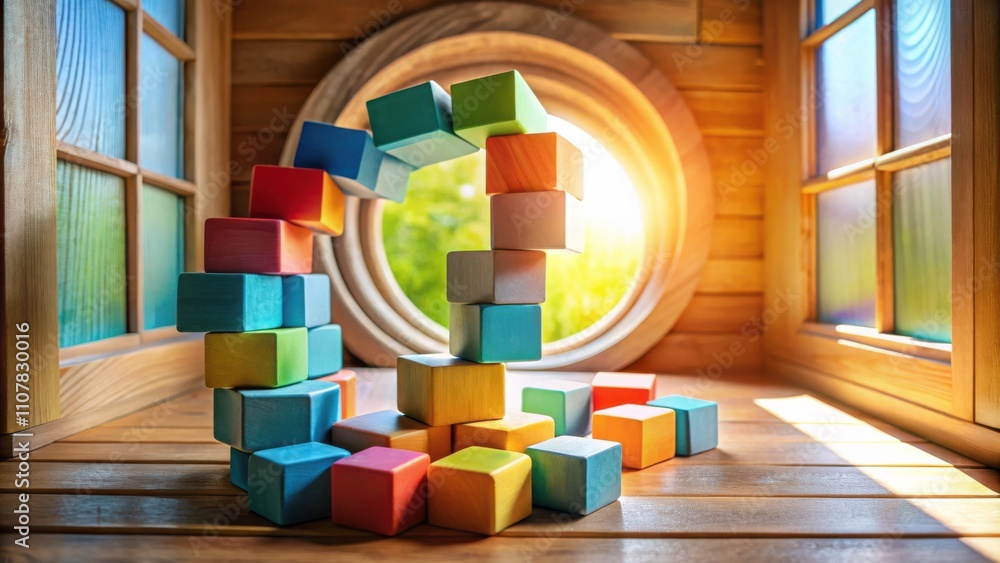 Aufkleber colorful wooden blocks stacked in a playful tower near a window with sunlight streaming in