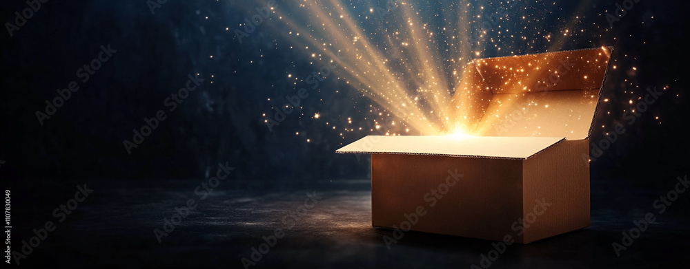 Poster mysterious box emitting glowing light in a dark environment at night
