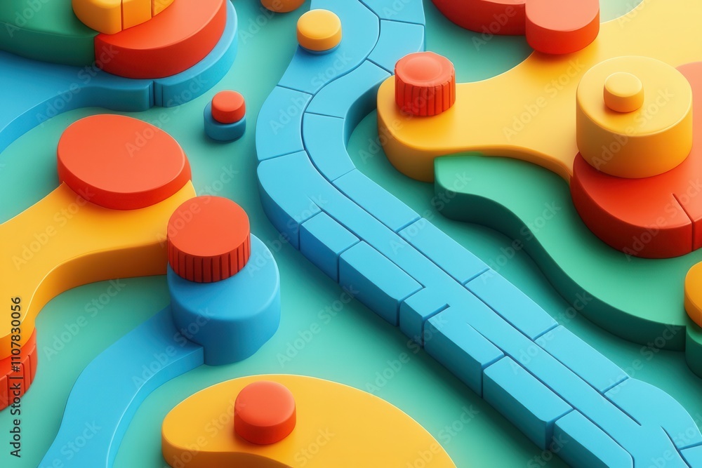 Poster A vibrant, abstract composition featuring colorful geometric shapes and pathways, creating a playful and dynamic visual landscape.