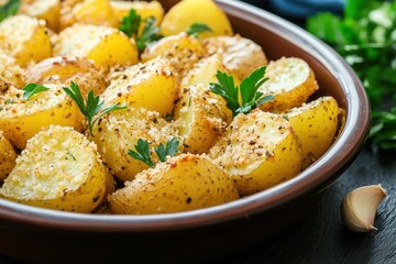 In-depth look at parmesan-accented lemon potatoes with garlic, topped with fresh parsley, presented in a baking dish on a rustic wooden table