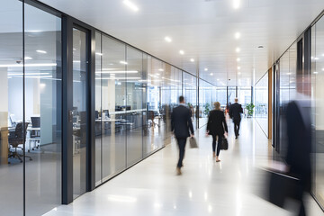 A busy office corridor filled with professionals walking quickly, motion blur capturing their dynamic movement, modern corporate design with glass walls and bright LED lighting