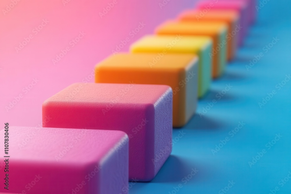 Poster a row of colorful, smooth blocks arranged in a gradient, set against a vibrant background, creating 