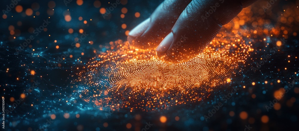 Poster fingers interacting with glowing particles, creating a fiery, abstract shape.