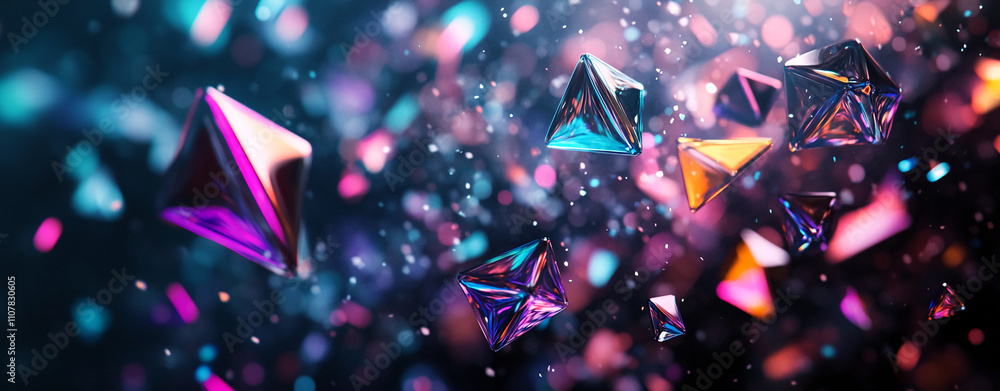 Poster Colorful geometric shapes float through a vibrant space filled with shimmering light particles and a dreamlike atmosphere
