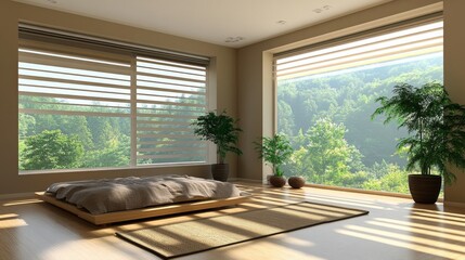 Fototapeta premium Modern Minimalist Bedroom With Large Windows Overlooking Nature