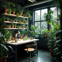 Fototapeta premium Researchers analyze tropical plants in a high-tech lab. Lush green leaves surround the workspace. Science meets nature for discovery.