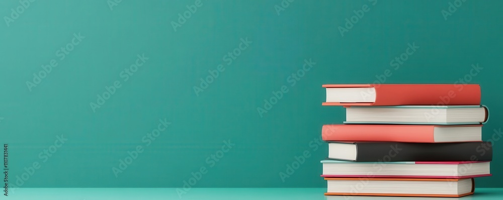 Poster a neat stack of colorful books against a teal background, showcasing a simple yet inviting learning 