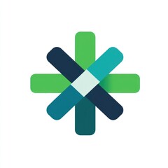 Obraz premium Abstract healthcare symbol; overlapping green, teal, and dark teal shapes forming a plus sign.