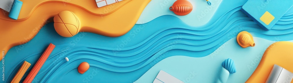 Poster a vibrant, abstract composition featuring a flow of blue and orange waves, surrounded by various pla