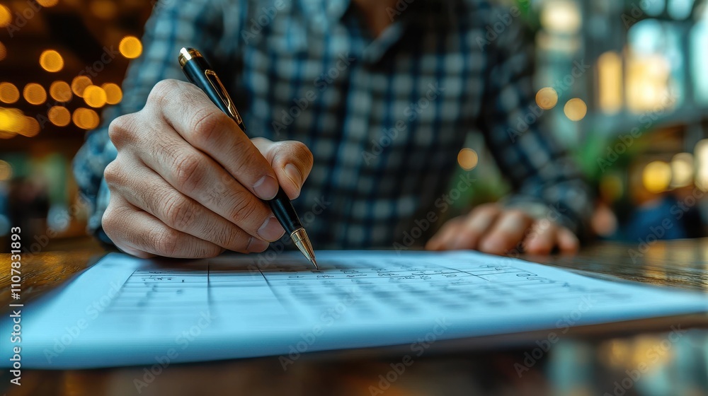 Poster businessman makes selections on a digital checklist assessment online choose correct answer in test 