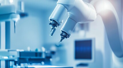An innovative healthcare scene with a robotic surgery arm performing a precise operation, close-up shot, Technological style