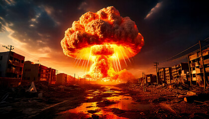 Atomic explosion with bright orange glow against the background of a destroyed apocalyptic urban landscape, the shock wave from the explosion destroys buildings