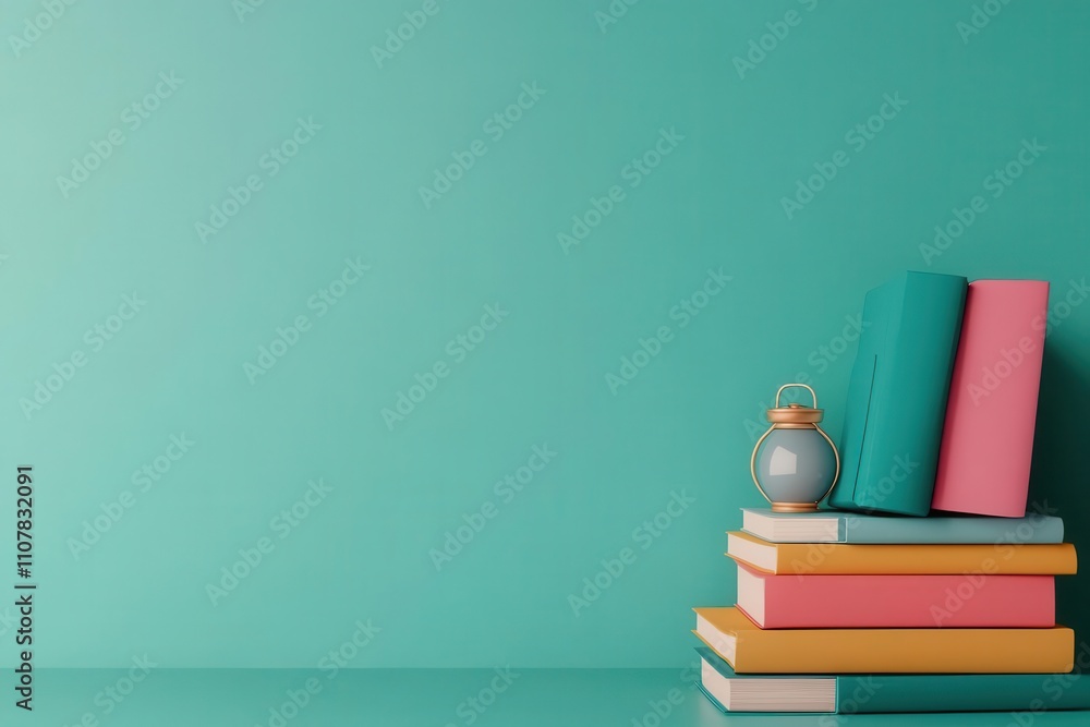 Poster a stack of colorful books beside a small lamp against a solid turquoise background, creating a minim
