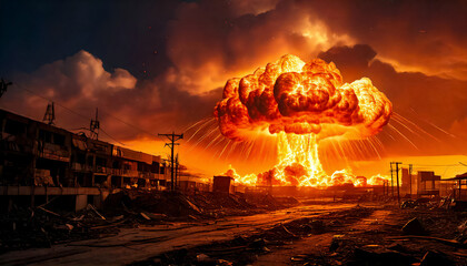 Atomic explosion with bright orange glow against the background of a destroyed apocalyptic urban landscape, the shock wave from the explosion destroys buildings