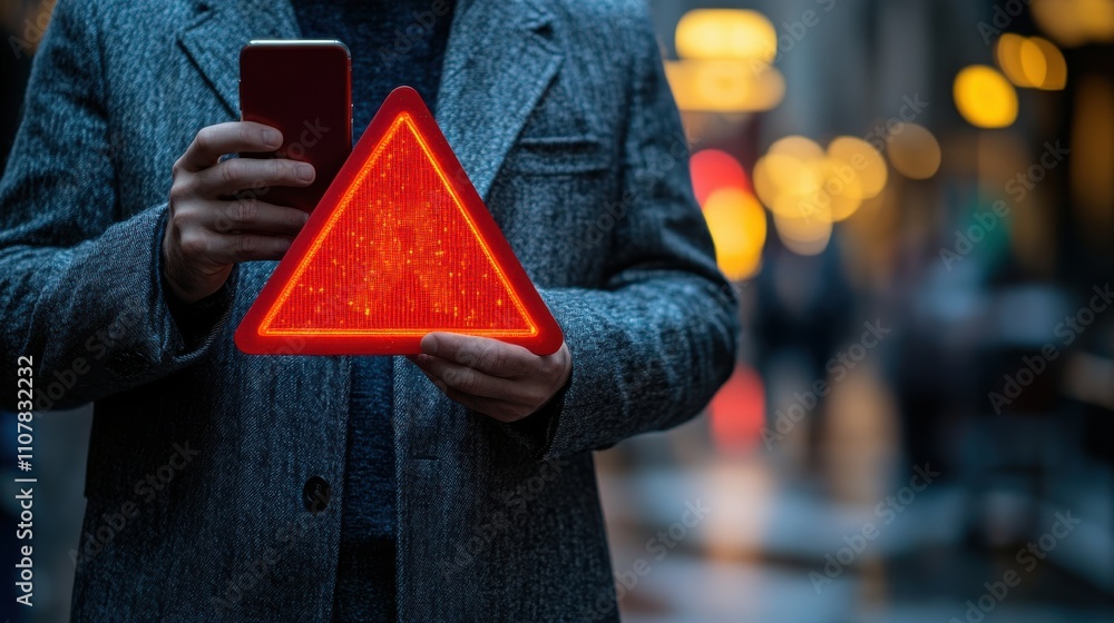 Aufkleber businessman or user holding smartphone with triangle caution warning sign red for notification error