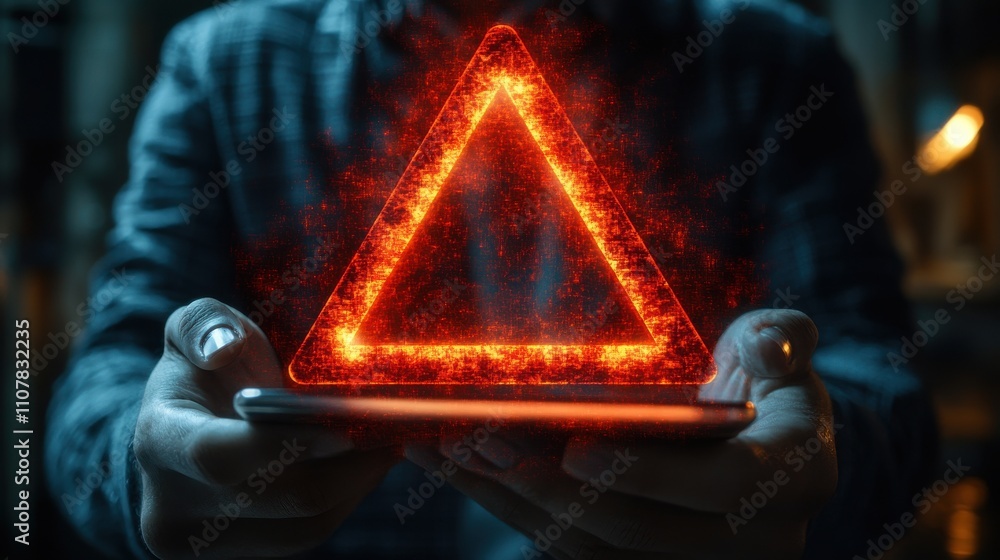 Poster businessman or user holding smartphone with triangle caution warning sign red for notification error