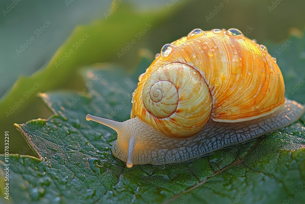 Poster a snail with a yellow shell sits on a green leaf covered in dew drops.