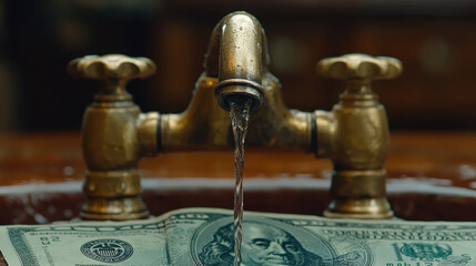 Dripping water tap over dollar banknotes symbolizes financial loss and waste. image captures contrast between water and money, evoking sense of urgency