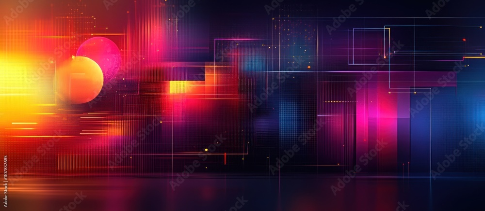 Poster abstract background with glowing squares and circles in vibrant colors.