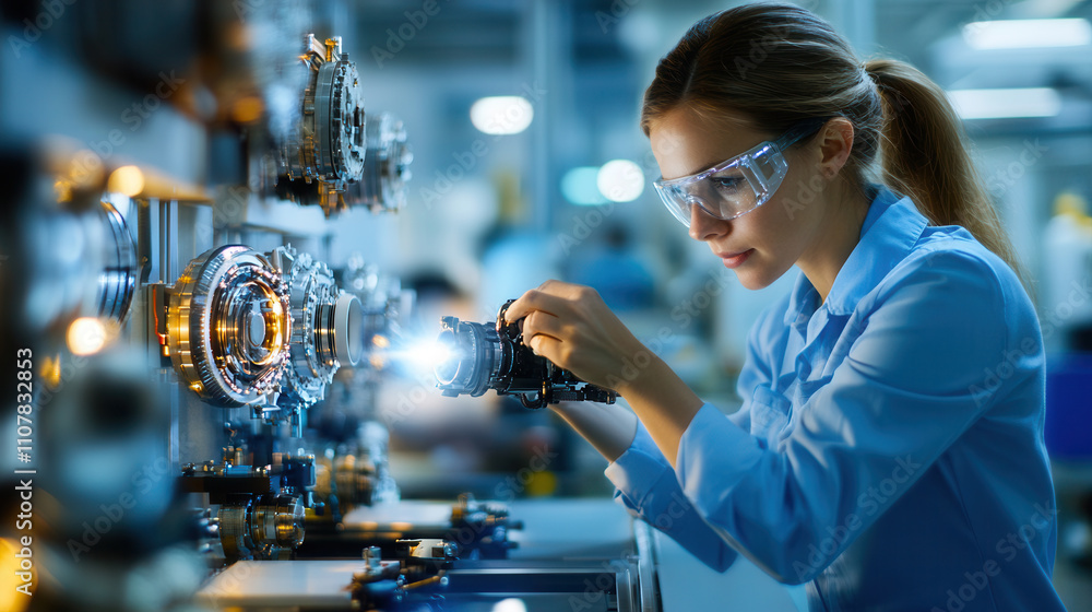 Poster focused engineer inspects mechanical component in workshop, showcasing precision and expertise in he