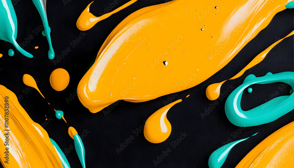 Poster abstract art featuring vibrant splashes of orange and teal paint on a black background. dynamic comp