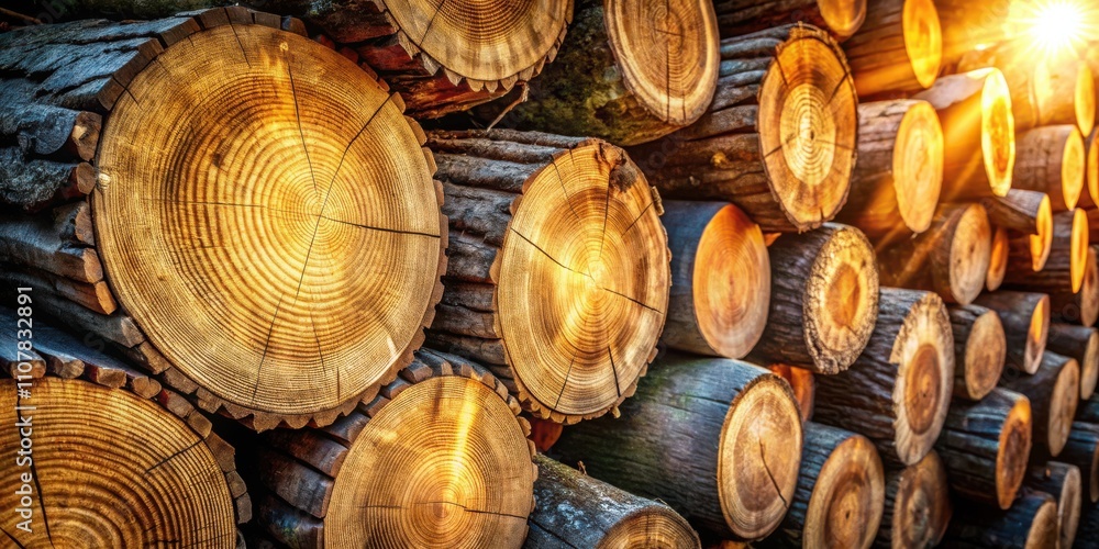 Poster A Stack of Logs Reveals the Intricate Grain Patterns and Growth Rings of a Tree, Illuminated by Warm Sunlight