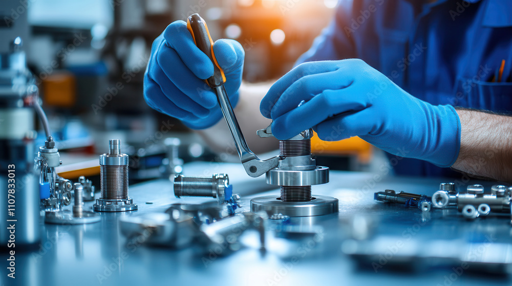Poster engineer in blue gloves repairs mechanical component using wrench, surrounded by various tools and p