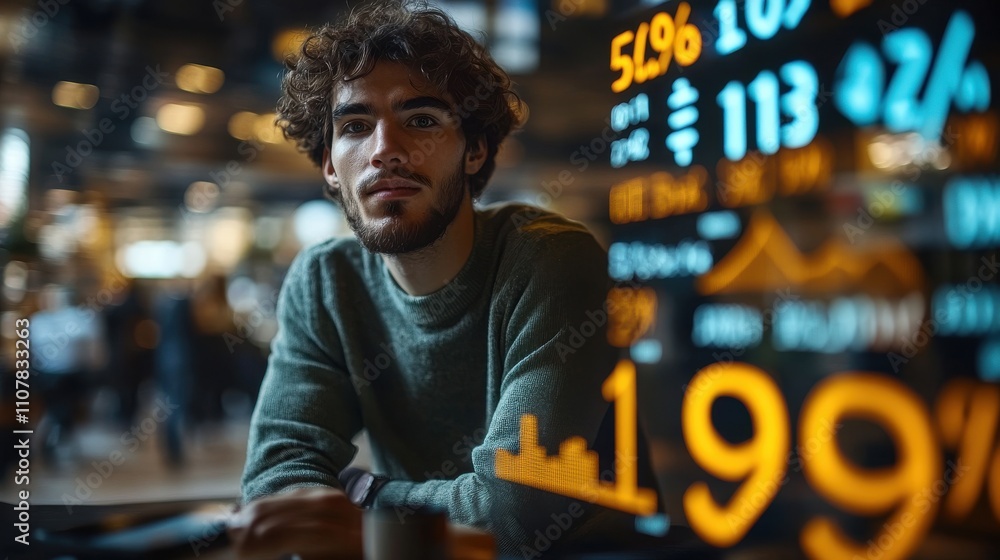 Poster businessman showing percentage icons and up arrow icons with graph indicators concept of financial i