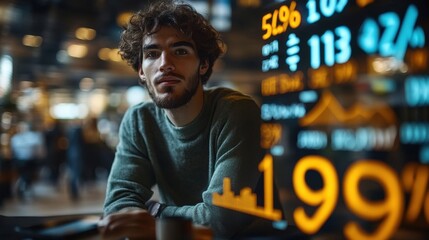 Fototapeta premium businessman showing percentage icons and up arrow icons with graph indicators concept of financial interest rates and mortgage rates interest rates stocks finance ratings mortgage rate