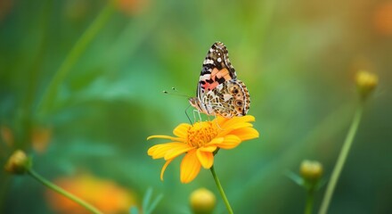 Fototapeta premium Vibrant butterfly perching on sunny yellow flower in bloom