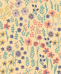 seamless pastel spring pattern floral flower blossom leaves illustration doodle nature, Cute floral pattern in the flowers Elegant template for fashion prints. yellow background.