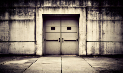 Obraz premium Weathered concrete wall with double doors; grunge urban background; industrial setting; aged texture; architectural detail.