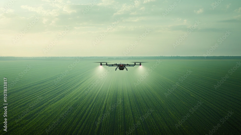 Poster here's a description and keywords for the image.. drone spraying crops at sunset over a vast green f