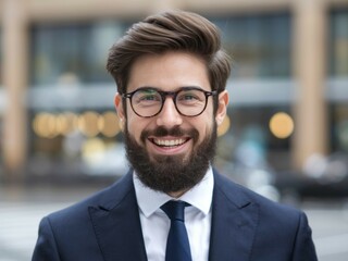 Fototapeta premium Happy businessman portrait. Successful, joyful man in suit. Image conveys confidence and achievement.