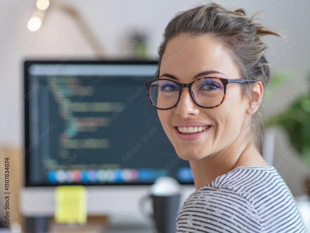 Aufkleber programmer woman smiling. happy female coder at work, radiating confidence and success. a symbol of 
